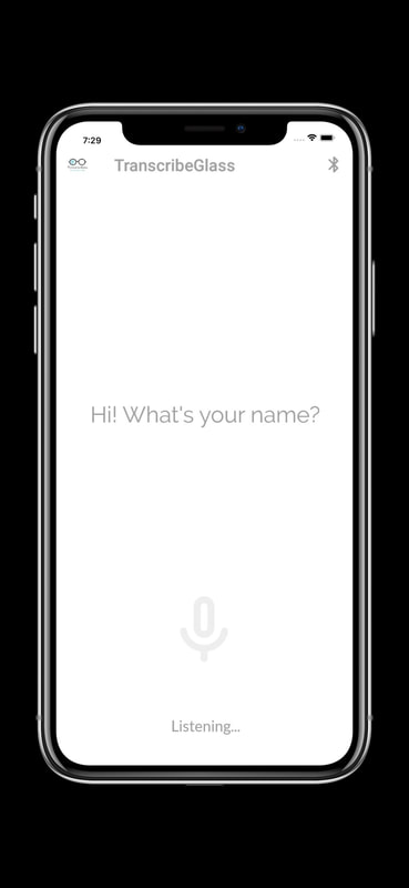 TranscribeGlass companion mobile app displaying speech to text transcript